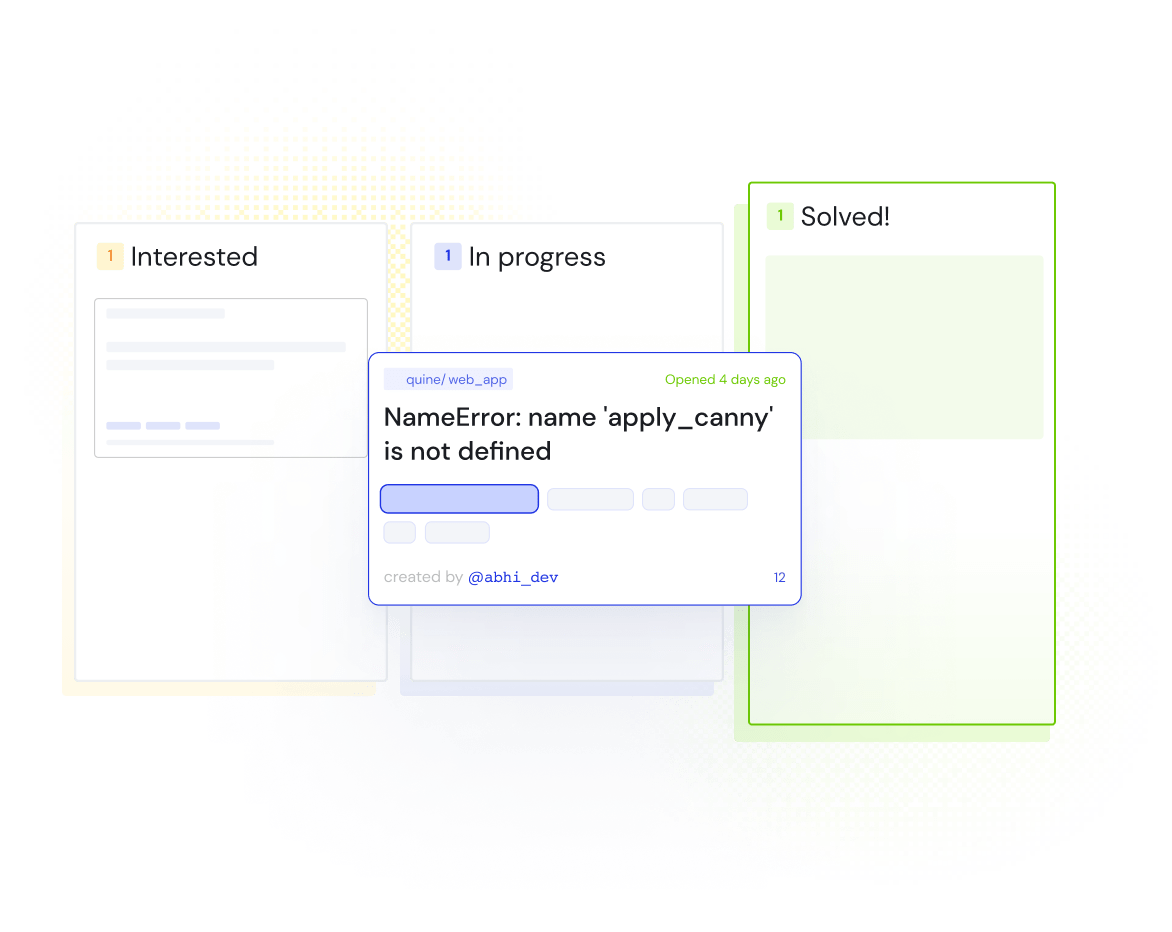 a todo list with 'Interested', 'In progress', and 'Solved' states and a focused issue on top of them